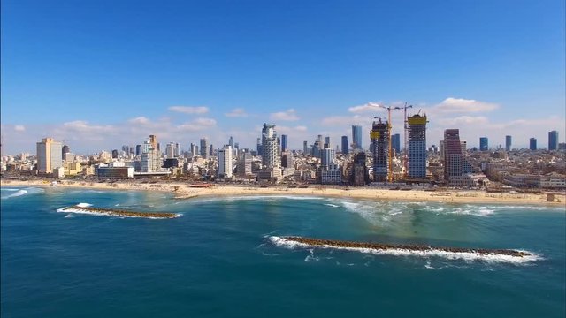 Tel Aviv Coastline, Moving in from the mediterranean sea - Aerial footage