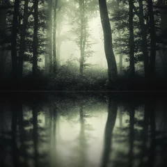 Poster Fantasy forest lake. Trees in fog reflecting in water in dark surreal woods © andreiuc88