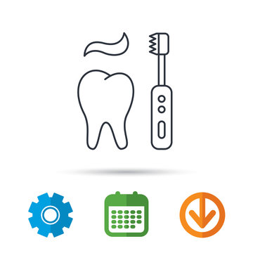 Brushing teeth icon. Electric toothbrush sign. Toothpaste and tooth symbol. Calendar, cogwheel and download arrow signs. Colored flat web icons. Vector
