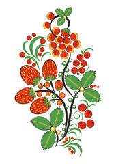 Floral ornament with flowers, strawberries and rowan in Khokhloma style in traditional colors isolated on white background. Russian folklore. Vector illustration