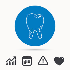 Caries icon. Tooth health sign. Calendar, attention sign and growth chart. Button with web icon. Vector