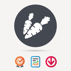 Carrot icon. Fresh natural vegetable symbol. Vegetarian food. Report document, award medal with tick and new tag signs. Colored flat web icons. Vector