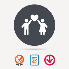 Couple love icon. Traditional young family symbol. Report document, award medal with tick and new tag signs. Colored flat web icons. Vector