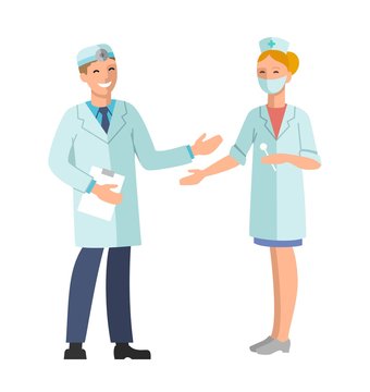 Doctor and Nurse. Vector illustration of a smiling doctor and nurse in a medical mask