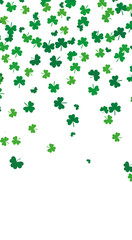 Flying leaves of clover different shades of green on a white background. Pattern for St. Patrick's Day. Rectangular, narrow, vertical banner. Vector illustration with copy space