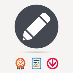 Edit icon. Pencil for drawing symbol. Report document, award medal with tick and new tag signs. Colored flat web icons. Vector