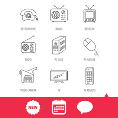Radio, TV remote and video camera icons. Retro phone, PC case and mouse linear signs. New tag, speech bubble and calendar web icons. Vector