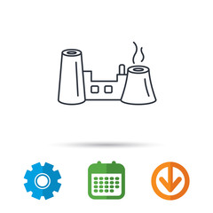 Factory icon. Industrial building sign. Calendar, cogwheel and download arrow signs. Colored flat web icons. Vector