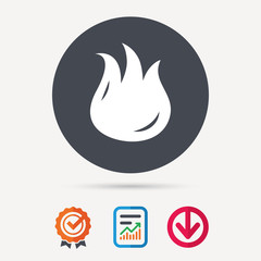 Fire icon. Blazing bonfire flame symbol. Report document, award medal with tick and new tag signs. Colored flat web icons. Vector