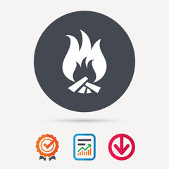 Fire icon. Blazing bonfire flame symbol. Report document, award medal with tick and new tag signs. Colored flat web icons. Vector