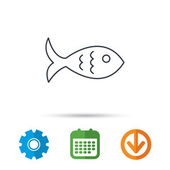 Fish icon. Seafood sign. Vegetarian food symbol. Calendar, cogwheel and download arrow signs. Colored flat web icons. Vector