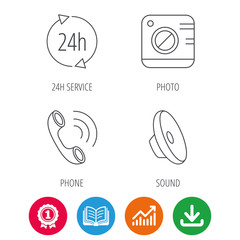 Phone call, 24h service and sound icons. Photo camera linear sign. Award medal, growth chart and opened book web icons. Download arrow. Vector