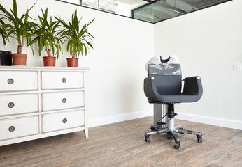Workplace of the hairdresser. Interior design for the hairdresser. Beautiful design. Armchair. Armchair for hair washing.