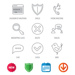 Phone ringtone, chat speech bubble icons. Shield, dialog and magnifier linear signs. Bird, calendar of vacations icons. New tag, shield and calendar web icons. Download arrow. Vector