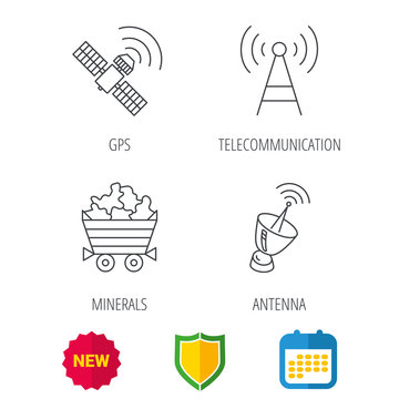 Telecommunication, minerals and antenna icons. GPS satellite linear sign. Shield protection, calendar and new tag web icons. Vector