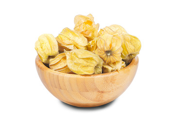 Ripe physalis in bowl isolated on white background