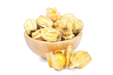 Ripe physalis in bowl isolated on white background