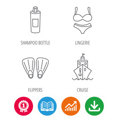 Cruise, swimming flippers and lingerie icons. Shampoo bottle linear sign. Award medal, growth chart and opened book web icons. Download arrow. Vector