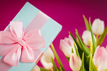 bouquet of white and pink tulips and a gift on a colored background