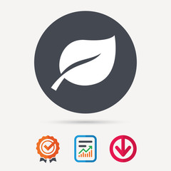 Leaf icon. Fresh organic product symbol. Report document, award medal with tick and new tag signs. Colored flat web icons. Vector