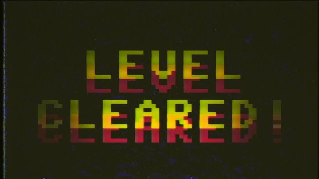 A fake VHS videogame screen with the text Level cleared. 8 bit retro style.
