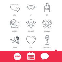 Love heart, brilliant and engagement ring icons. Bow, smile and gift box linear signs. Valentine amour arrows flat line icons. New tag, speech bubble and calendar web icons. Vector