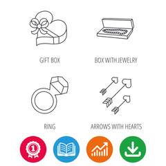 Jewelry, gift box and wedding ring icons. Arrows with hearts linear sign. Award medal, growth chart and opened book web icons. Download arrow. Vector