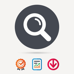 Magnifier icon. Search magnifying glass symbol. Report document, award medal with tick and new tag signs. Colored flat web icons. Vector