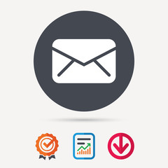 Envelope icon. Send email message sign. Internet mailing symbol. Report document, award medal with tick and new tag signs. Colored flat web icons. Vector