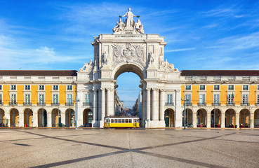 Praca do Comercio with yellow tram, Lisbon, Portugal - obrazy, fototapety, plakaty