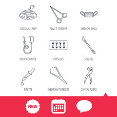 Medical mask, capsules and dental pliers icons. Surgical lamp, scalpel and drop counter linear signs. Tweezers, pipette and forceps flat line icons. New tag, speech bubble and calendar web icons