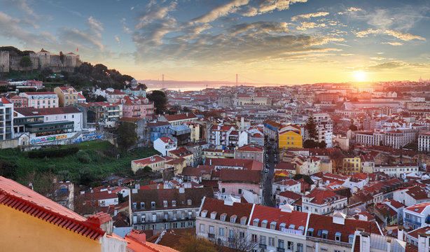 Lisbon historic city at sunset, Portugal