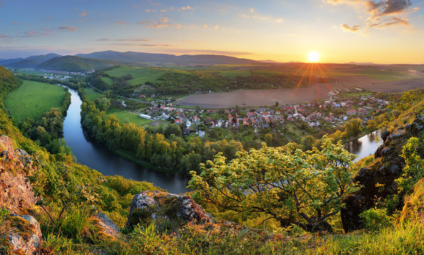 Serene sunset landscape by the Hron River, Slovakia..
