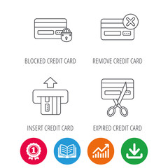 Bank credit card icons. Banking, blocked and expired debit card linear signs. Award medal, growth chart and opened book web icons. Download arrow. Vector