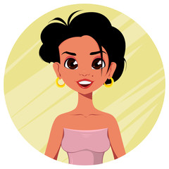 Beautiful cartoon character. Cheerful smiling woman in summer dress with golden earrings. Modern fashionable lady. Usable as avatar. Vector illustration