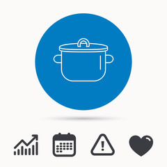 Pan icon. Cooking pot sign. Kitchen tool symbol. Calendar, attention sign and growth chart. Button with web icon. Vector