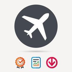 Plane icon. Flight transport symbol. Report document, award medal with tick and new tag signs. Colored flat web icons. Vector