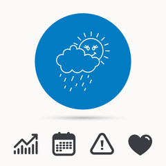 Rain and sun icon. Water drops and cloud sign. Rainy overcast day symbol. Calendar, attention sign and growth chart. Button with web icon. Vector