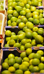 Lime fruits on the big plate on farmers market
