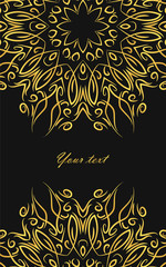 Greeting or invitation card with golden mandalas on black background. Vector background.