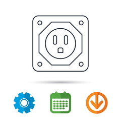 USA socket icon. Electricity power adapter sign. Calendar, cogwheel and download arrow signs. Colored flat web icons. Vector