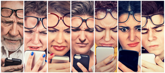 Group of people men and women with glasses having trouble seeing cell phone