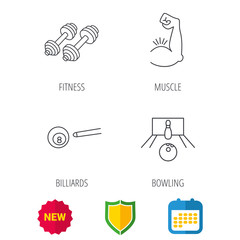 Fototapeta premium Billiards, bowling and fitness sport icons. Muscle linear sign. Shield protection, calendar and new tag web icons. Vector