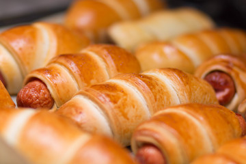 Sausage rolls, cooking food at home. Golden color crust.