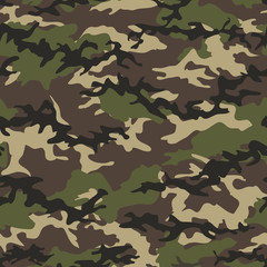 Camouflage seamless woodland pattern background. Military camouflage pattern. Fashionable camouflage textile. Military print. Seamless vector wallpaper. Clothing style masking. Repeat print.  - 139555354