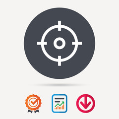 Target icon. Crosshair aim symbol. Report document, award medal with tick and new tag signs. Colored flat web icons. Vector