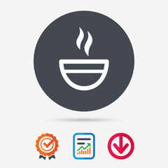 Tea cup icon. Hot coffee drink symbol. Report document, award medal with tick and new tag signs. Colored flat web icons. Vector