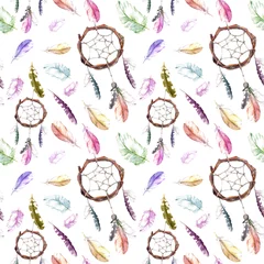 Wallpaper murals Dream catcher Feathers, dream catcher. Seamless repeating pattern. Watercolor background