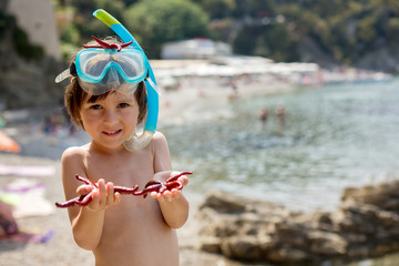 Little boy holding red five point starfishes in his hands on the beach