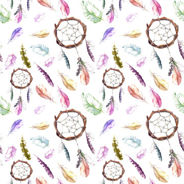 Feathers, dream catcher. Seamless repeating pattern. Watercolor background